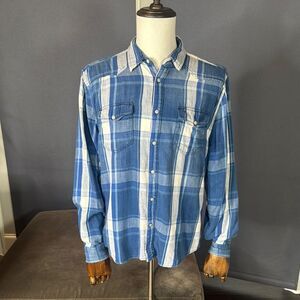 Lucky Brand Men’s Blue Plaid Long Sleeve Shirt Snaps 100% Cotton Size L *READ